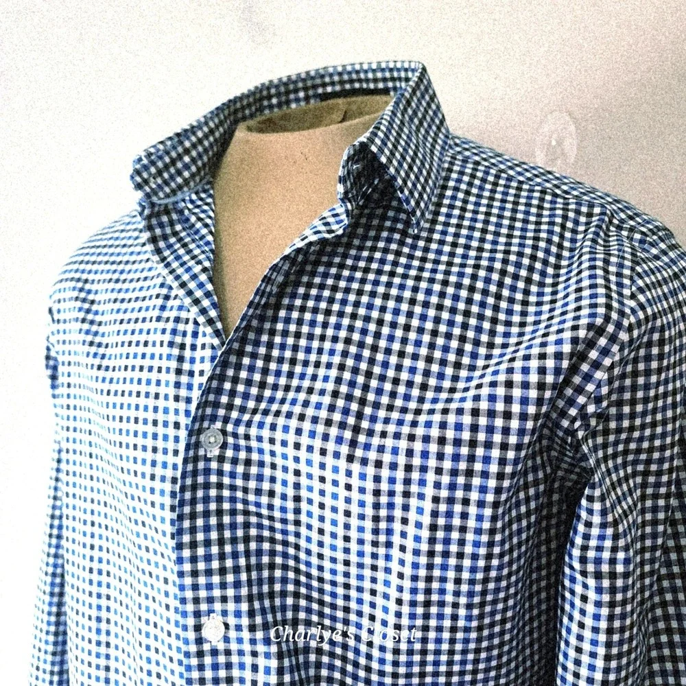 Banana Republic Button‎ Up Blue/Black Gingham Mens M Non-Iron Slim Fit Shirt